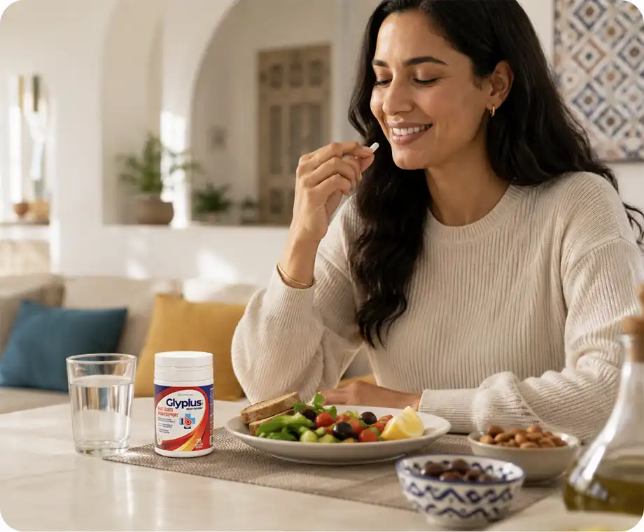 كبسولتان من Glyplus في اليوم مع الأكل وكأس ماء على مائدة تونسية