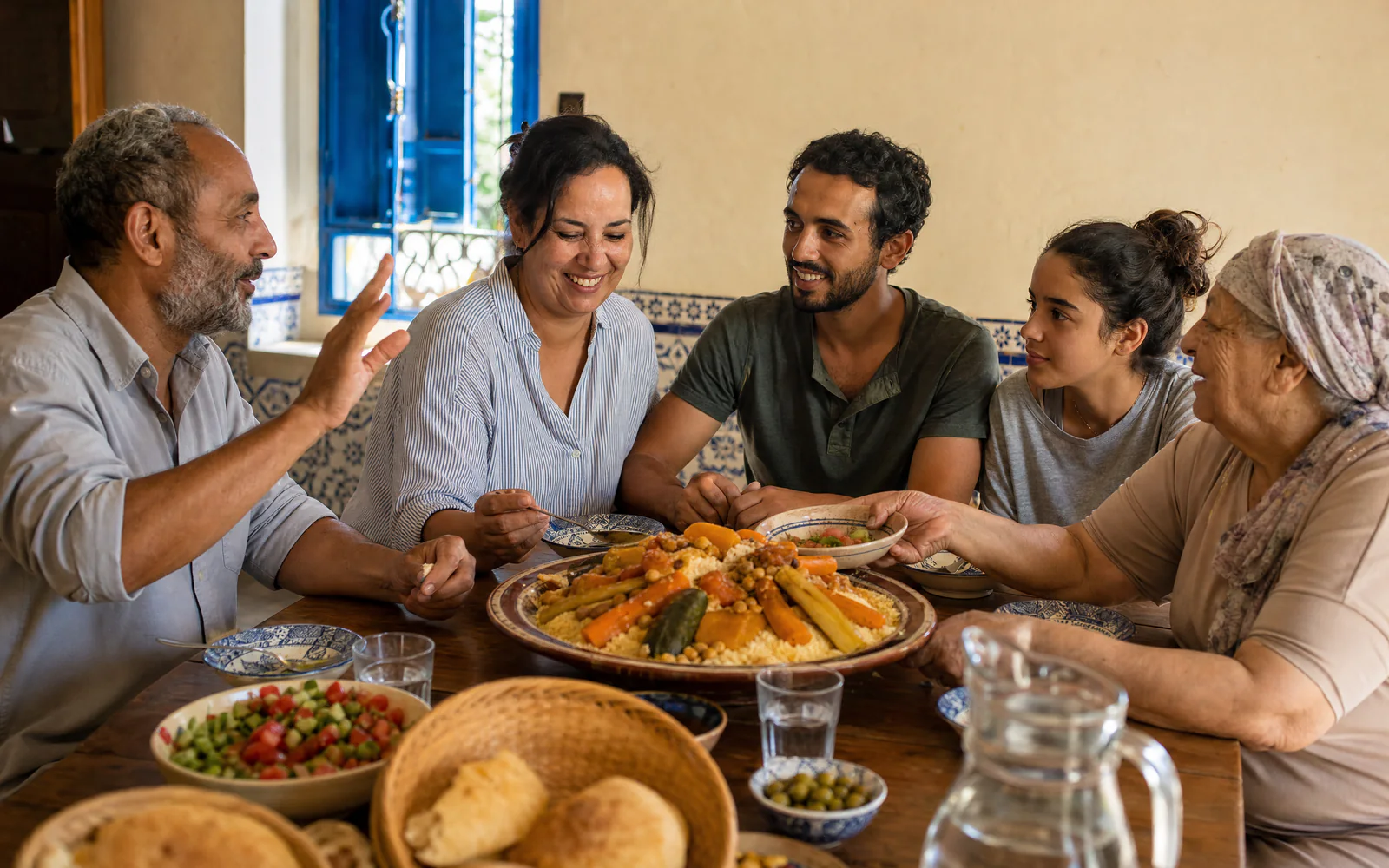 عائلة تونسية على مائدة الغداء بالكسكسي — Glyplus ضمن نظام غذائي متوازن